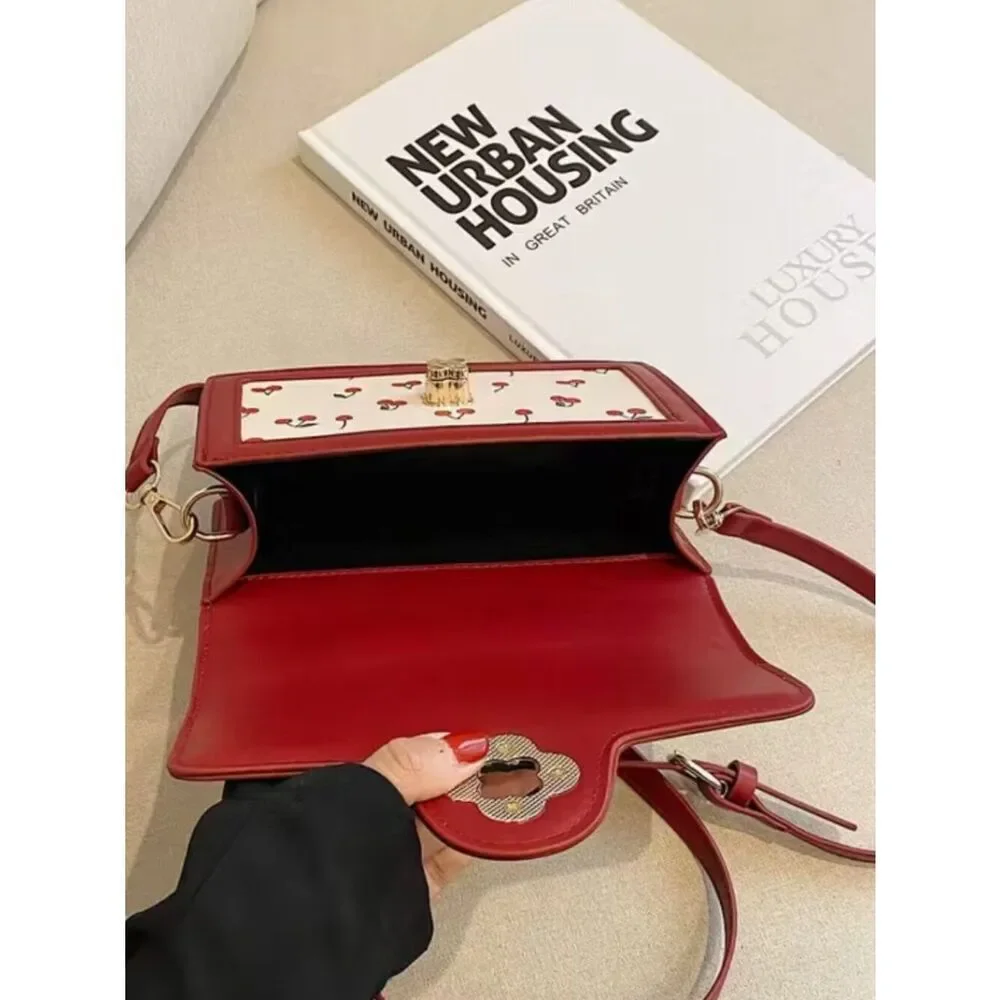 Cute NWT Cherry Print Coquette Kawaii Red Flap Square Top Handle Crossbody Bag